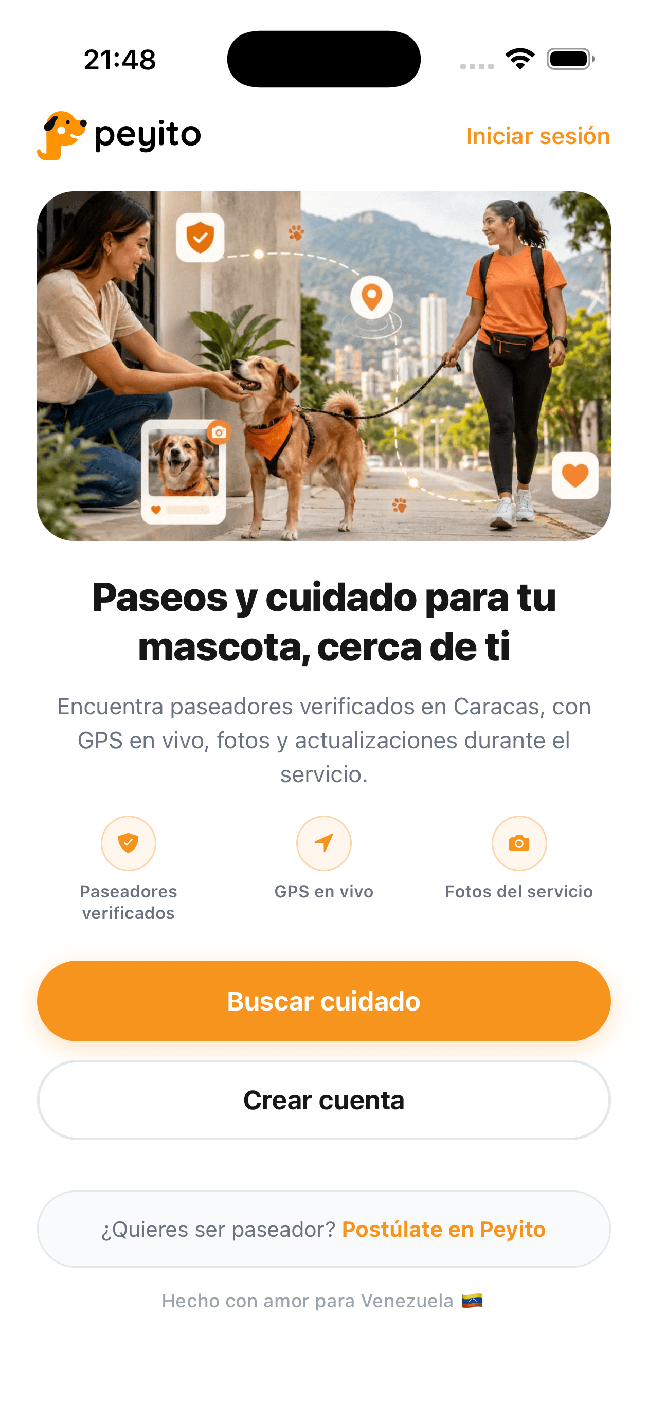 Pantalla de inicio de Peyito con opciones para buscar cuidado y crear cuenta