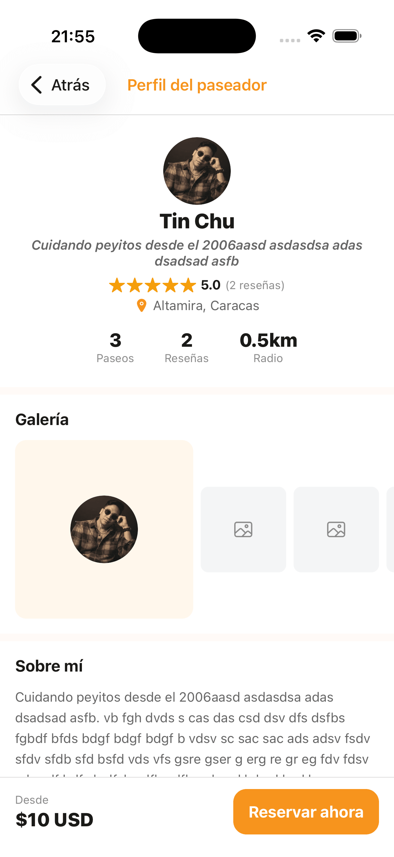 Pantalla para reservar un paseo con fecha, hora y detalles del servicio