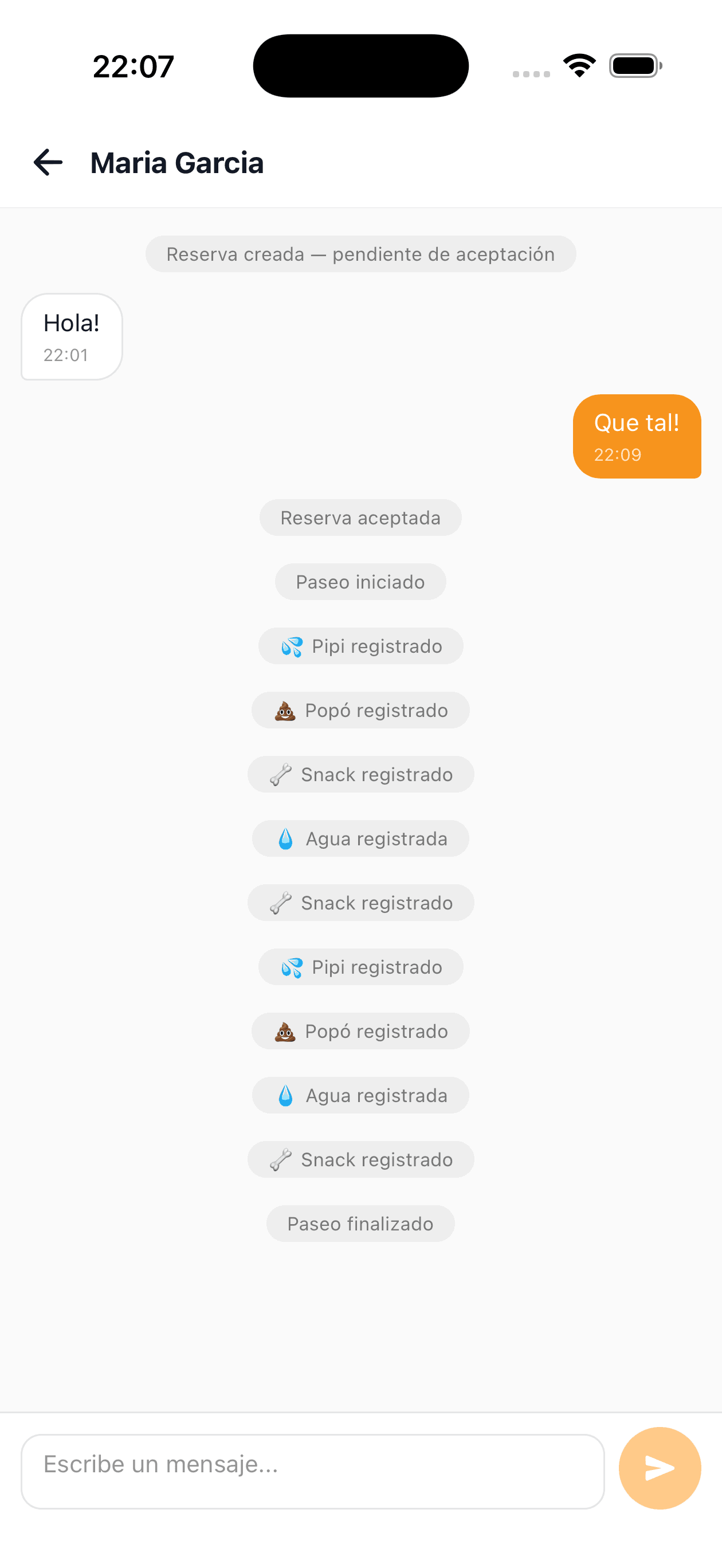 Chat directo con tu cuidador durante el servicio