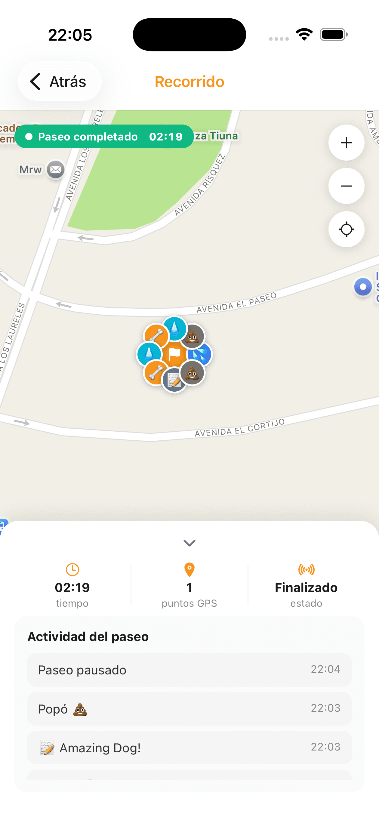 Reporte del paseo con ruta, fotos y estadísticas